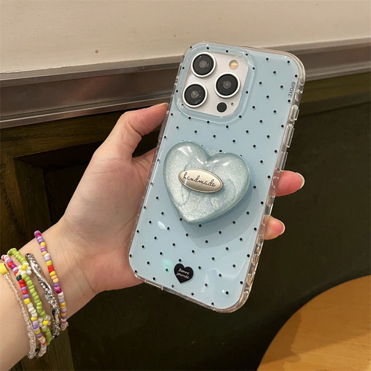 ミントブルー 水玉模様 3Dハート スタンド & チャーム付き iPhoneケース