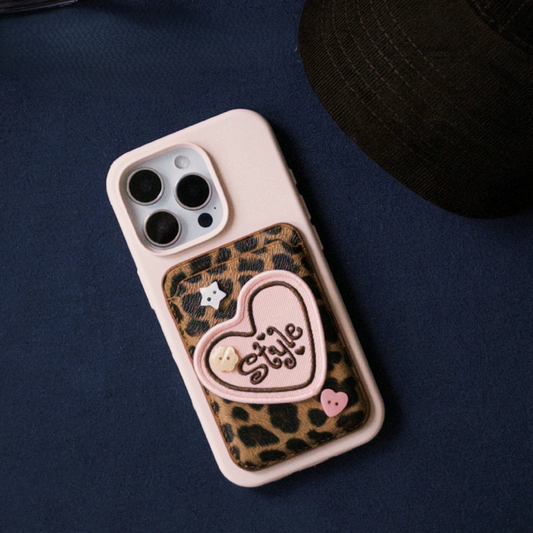 Cute Leopard Print Magsafe Card Case with Embroidered Heart Patch