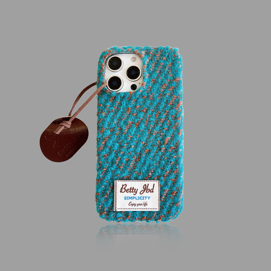 Retro Knit Fluffy iPhone Case - Cozy Winter Style with Leather Pendant