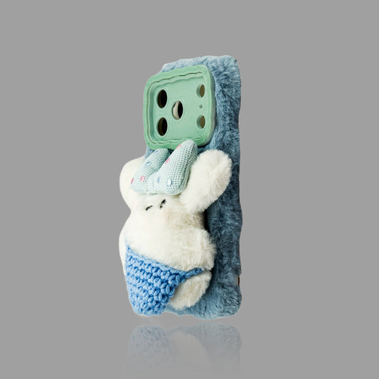 Plush Puppy iPhone Case - Autumn/Winter Bow Decor, Optional Wrist Strap