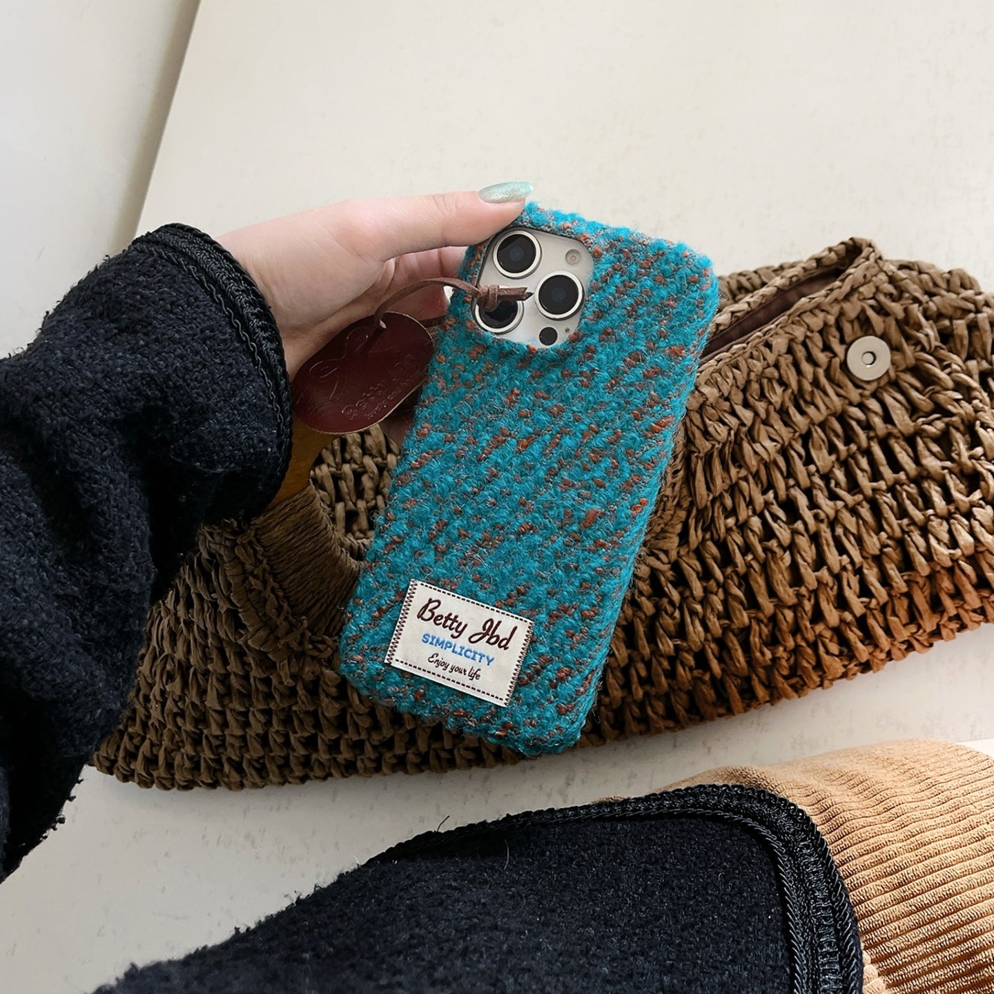 Retro Knit Fluffy iPhone Case - Cozy Winter Style with Leather Pendant