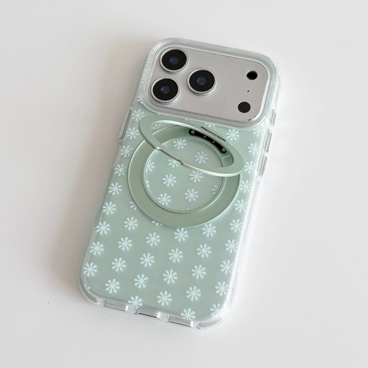 ライトグリーン花柄MagSafe対応iPhoneケース 360°回転スタンド付き