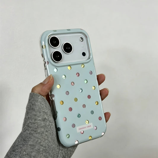 クリームブルー 水玉模様 iPhoneケース、箔テクスチャー ソフトカバー