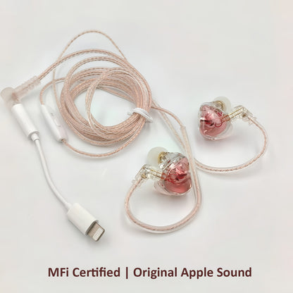 Cherry Pink Clear Shell Wired IEM Earphones with Mic, Optional Lightning / Type-C / USB Audio Adapters for iPhone Android PC Gaming Streaming