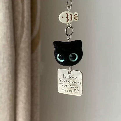 かわいいフロッキー加工の黒猫キーホルダー、スマホチャーム、バッグペンダント
