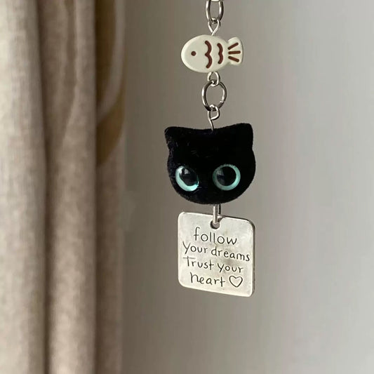 かわいいフロッキー加工の黒猫キーホルダー、スマホチャーム、バッグペンダント
