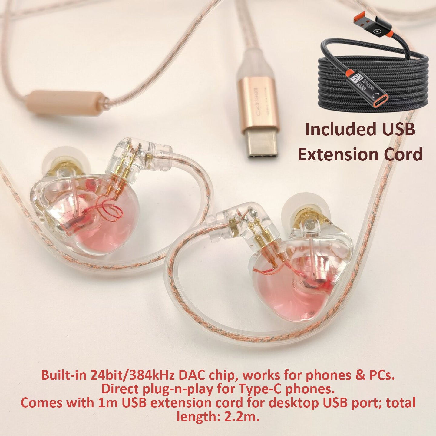 Cherry Pink Clear Shell Wired IEM Earphones with Mic, Optional Lightning / Type-C / USB Audio Adapters for iPhone Android PC Gaming Streaming