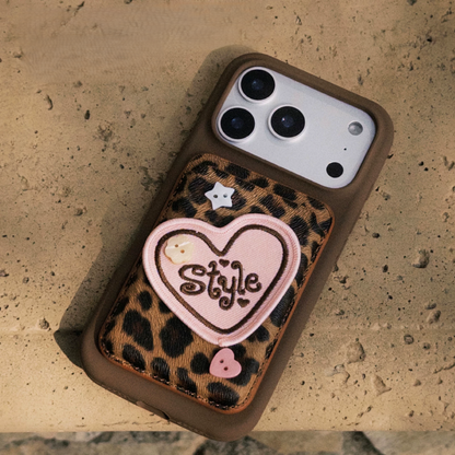 Cute Leopard Print Magsafe Card Case with Embroidered Heart Patch
