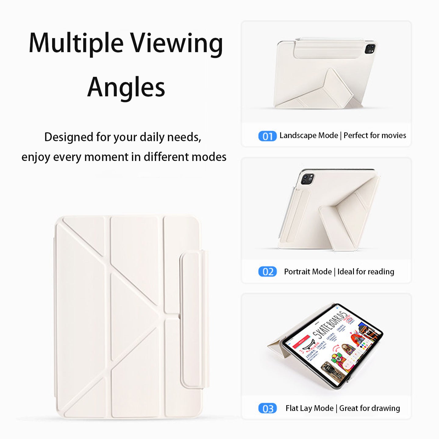 Detachable Magnetic Y-Fold iPad Case with Apple Pencil Holder, Multi-Angle Stand Shockproof Protective Cover for iPad