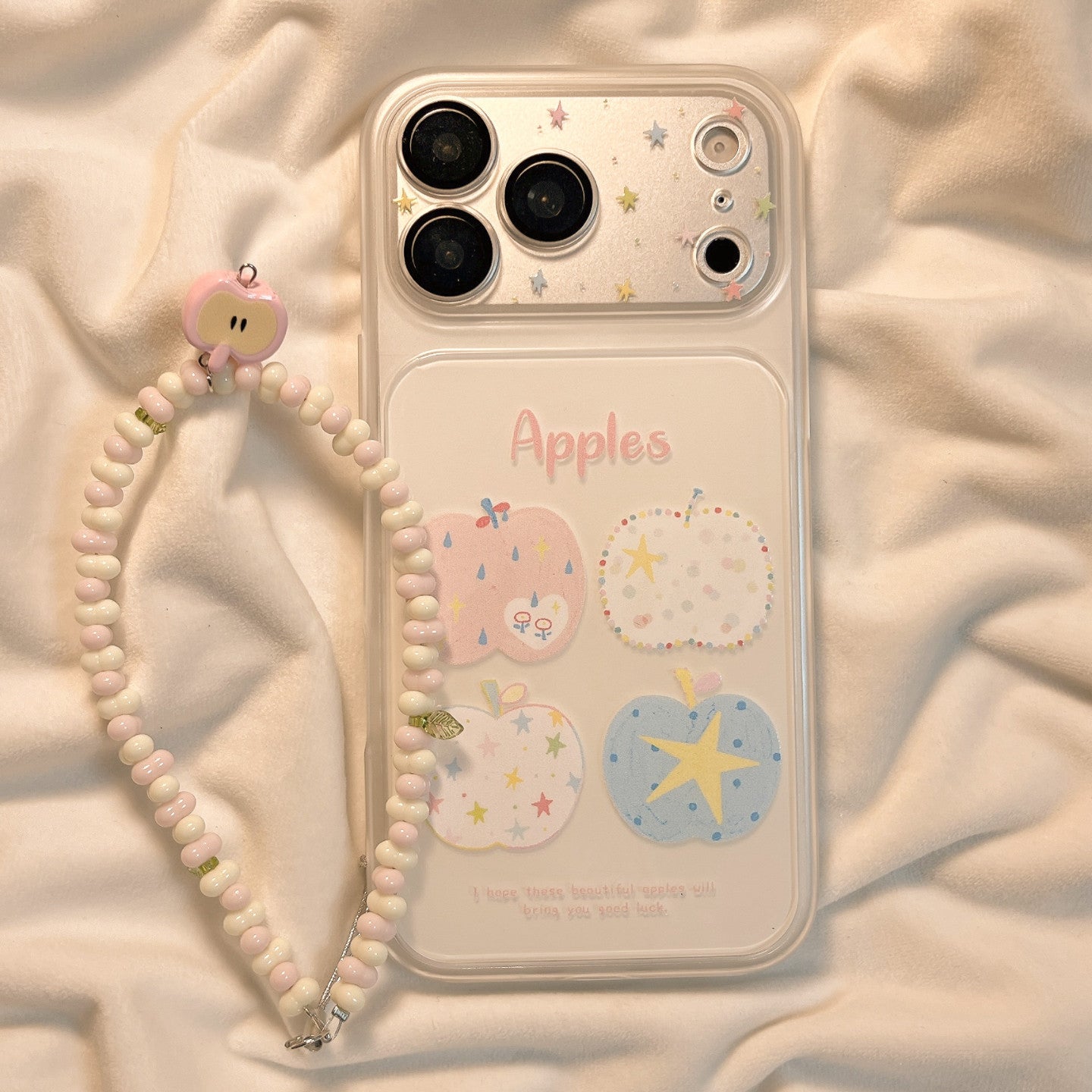 Pastel Apple Print iPhone Case with Beaded Chain
