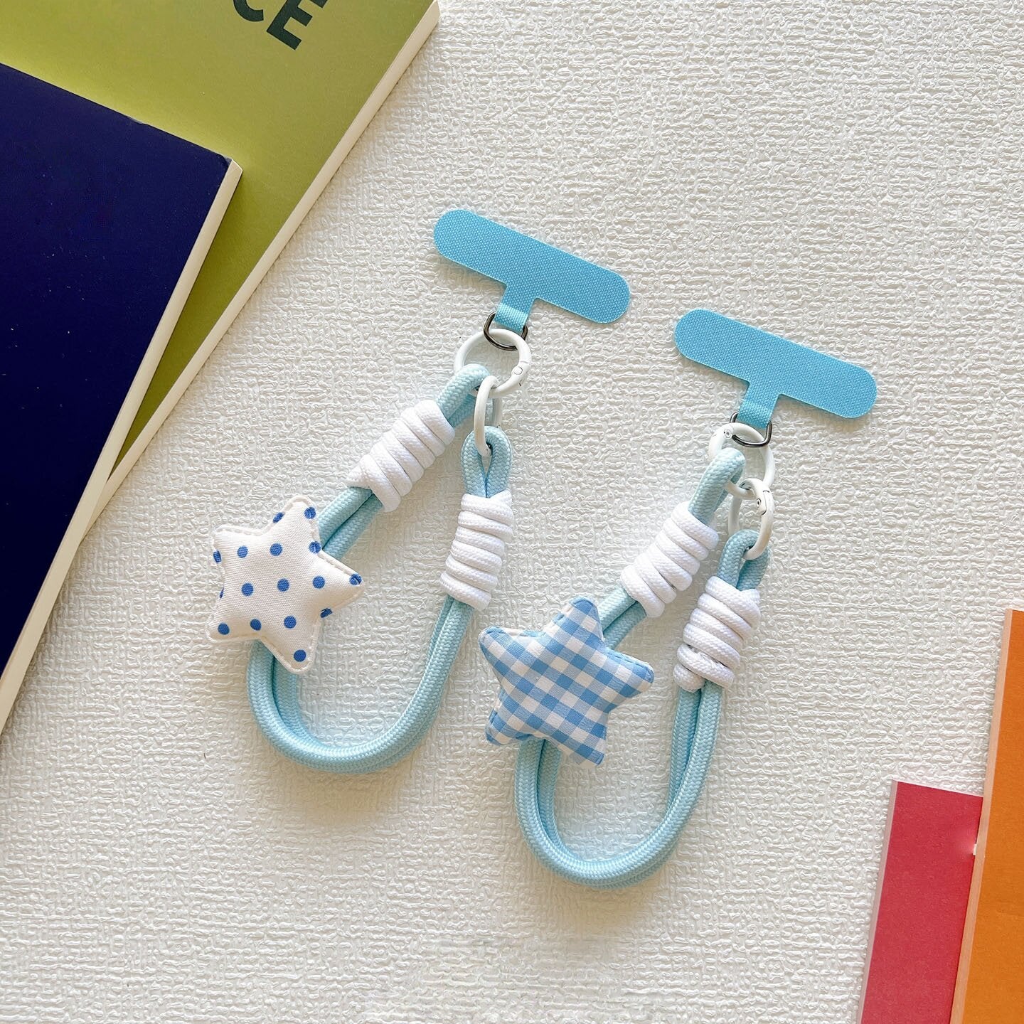 Blue Polka Dot & Gingham Star Wrist Strap, Cute Braided Phone Lanyard with T‑Shape Patch