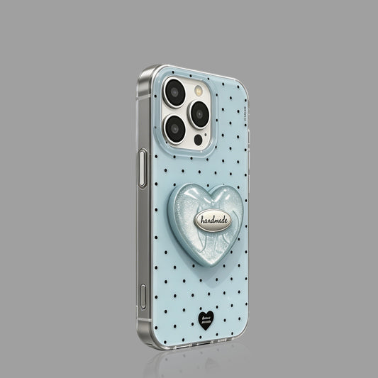 ミントブルー 水玉模様 3Dハート スタンド & チャーム付き iPhoneケース