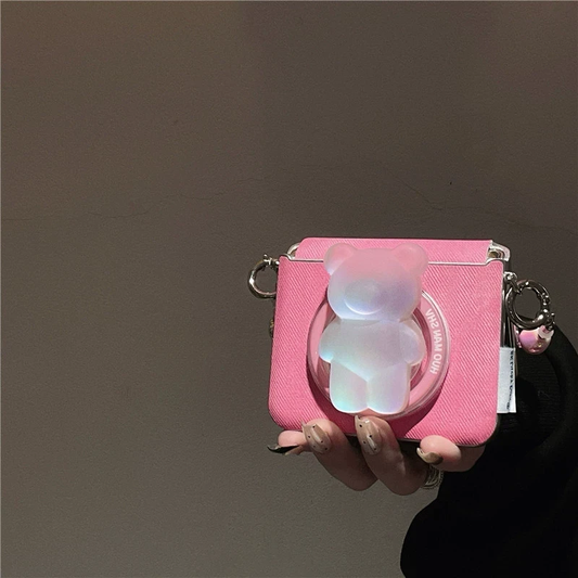 Pink Leather-Texture Gel Bear Magnetic Stand with Heart Chain for Galaxy Z Flip