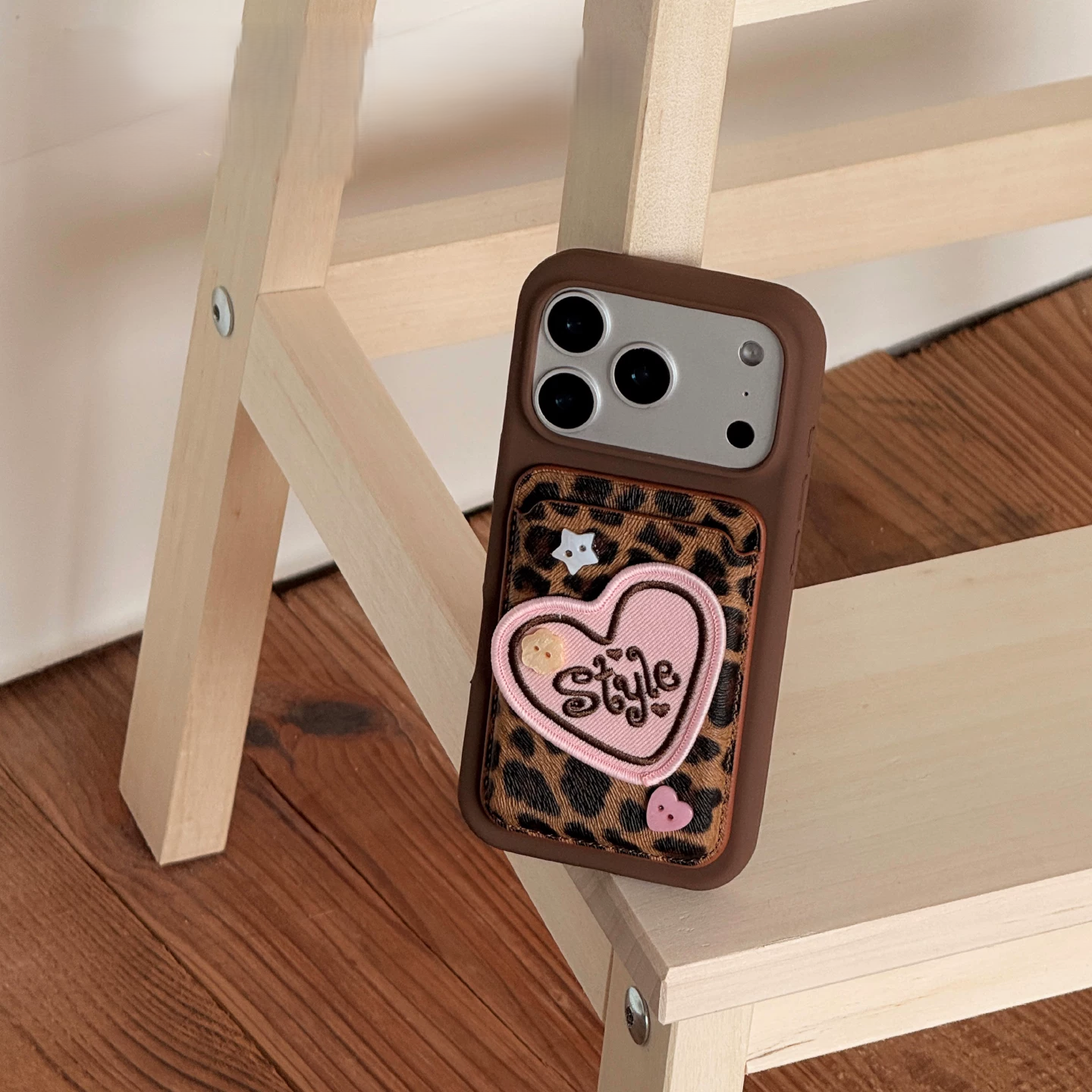 Cute Leopard Print Magsafe Card Case with Embroidered Heart Patch