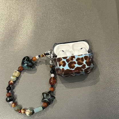 Vintage Blue‑Brown Leopard AirPods Case, Soft TPU Protective Cover with Beaded Pendant Option