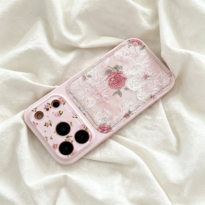 Pink Rose Lace Fringe iPhone Case, Vintage Floral Leather‑Texture Protective Cover