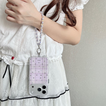 Purple Plaid Star iPhone Case with Pearl Chain