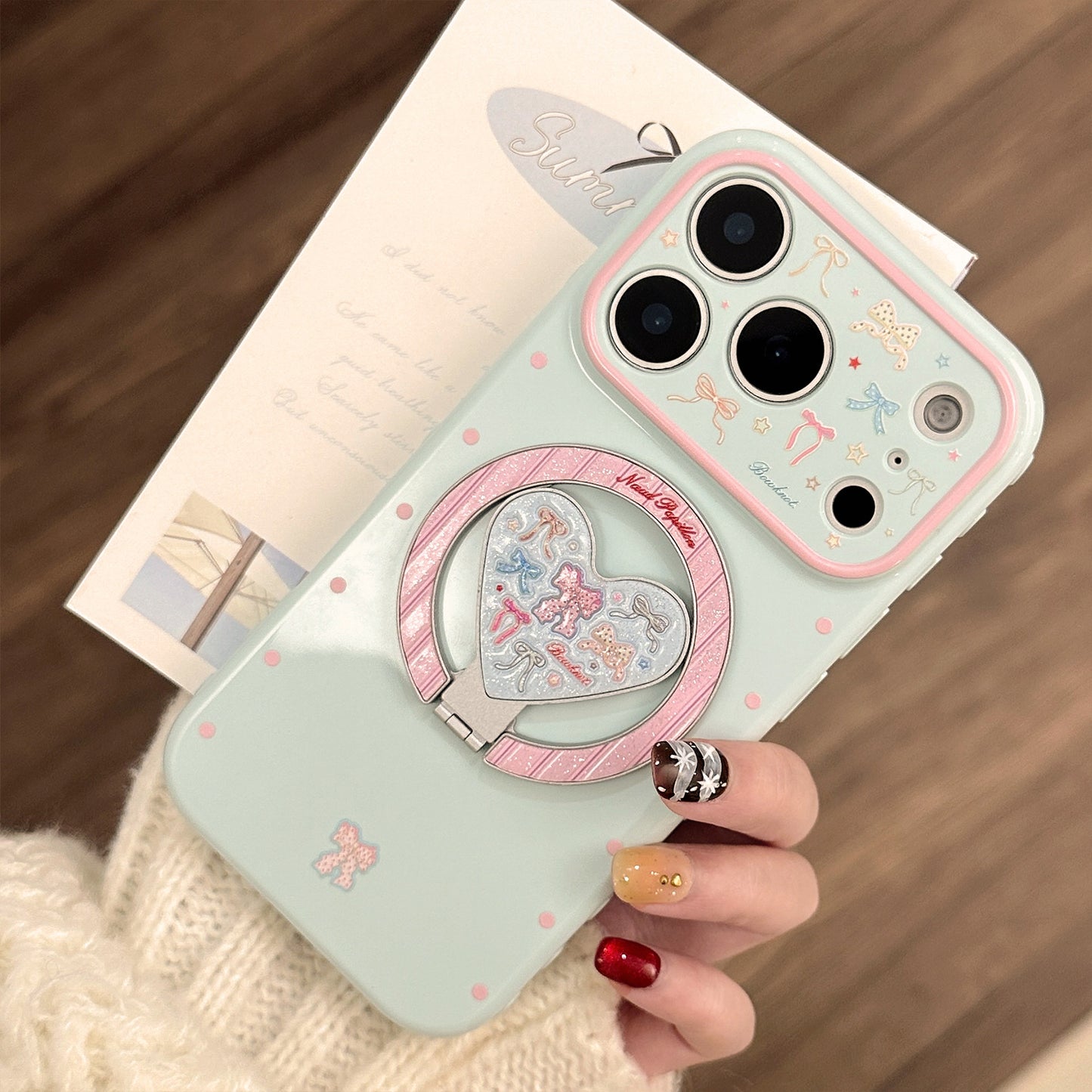 Ice Blue Polka Dot & Bow MagSafe iPhone Case with Heart Stand