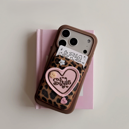Cute Leopard Print Magsafe Card Case with Embroidered Heart Patch
