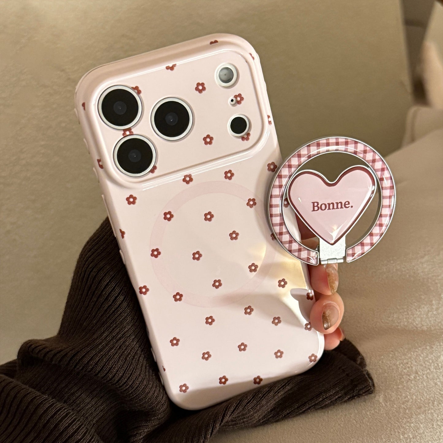 Ice Blue Polka Dot & Bow MagSafe iPhone Case with Heart Stand