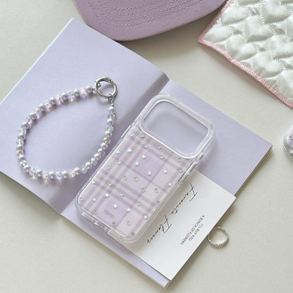 Purple Plaid Star iPhone Case with Pearl Chain