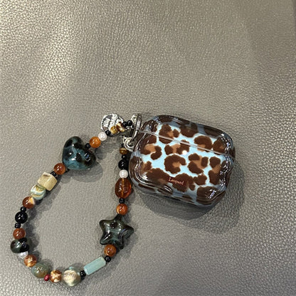 Vintage Blue‑Brown Leopard AirPods Case, Soft TPU Protective Cover with Beaded Pendant Option