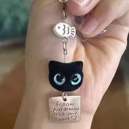 かわいいフロッキー加工の黒猫キーホルダー、スマホチャーム、バッグペンダント