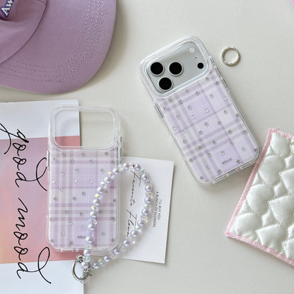 Purple Plaid Star iPhone Case with Pearl Chain