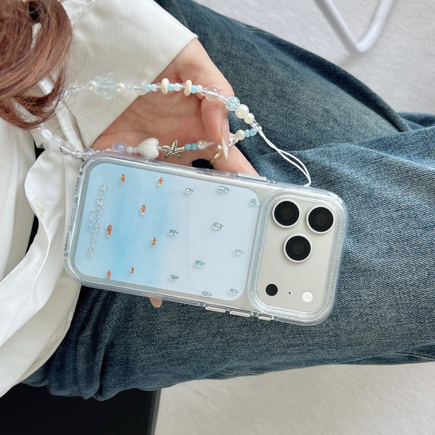 Ocean Fish & Water Drop Print iPhone Case with Starfish Bead Chain