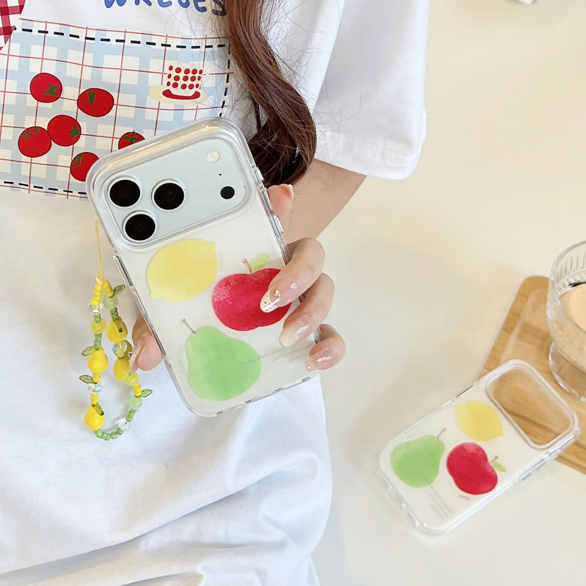 Watercolor Fruit Print iPhone Case with Lemon Bead Chain