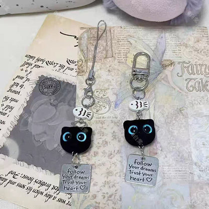 かわいいフロッキー加工の黒猫キーホルダー、スマホチャーム、バッグペンダント