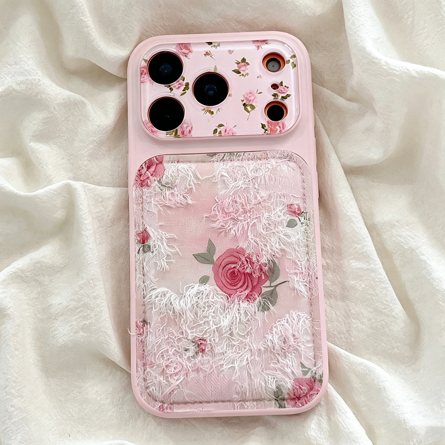 Pink Rose Lace Fringe iPhone Case, Vintage Floral Leather‑Texture Protective Cover
