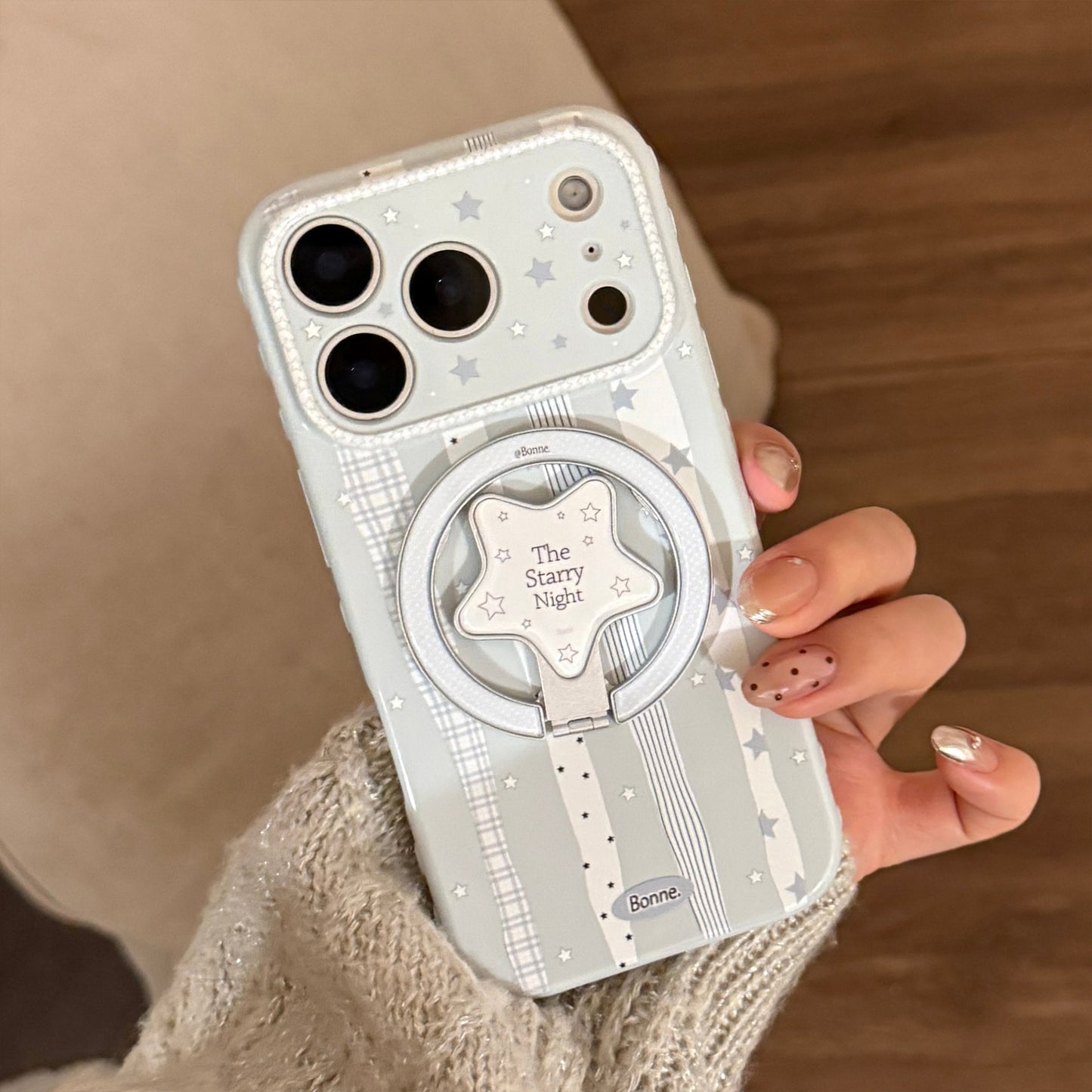 Ice Blue Polka Dot & Bow MagSafe iPhone Case with Heart Stand