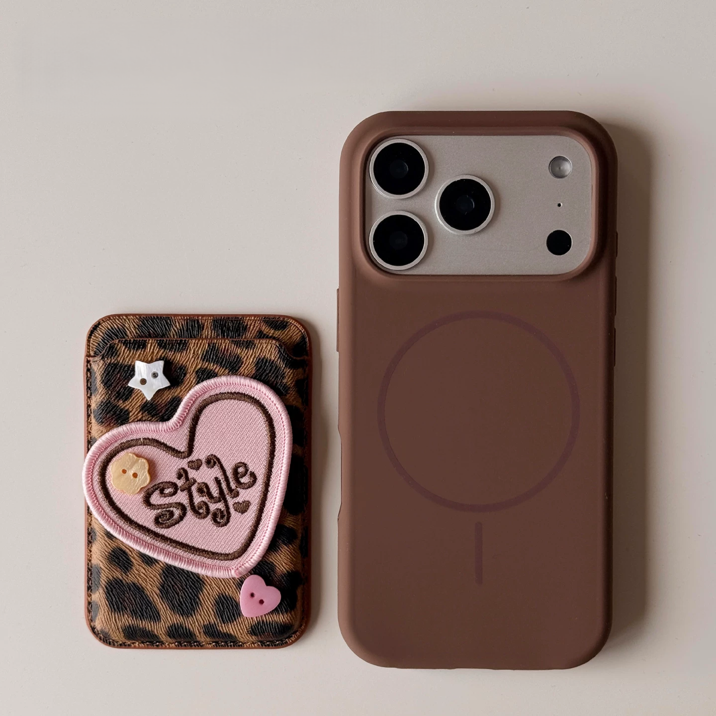 Cute Leopard Print Magsafe Card Case with Embroidered Heart Patch