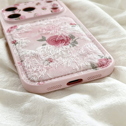 Pink Rose Lace Fringe iPhone Case, Vintage Floral Leather‑Texture Protective Cover