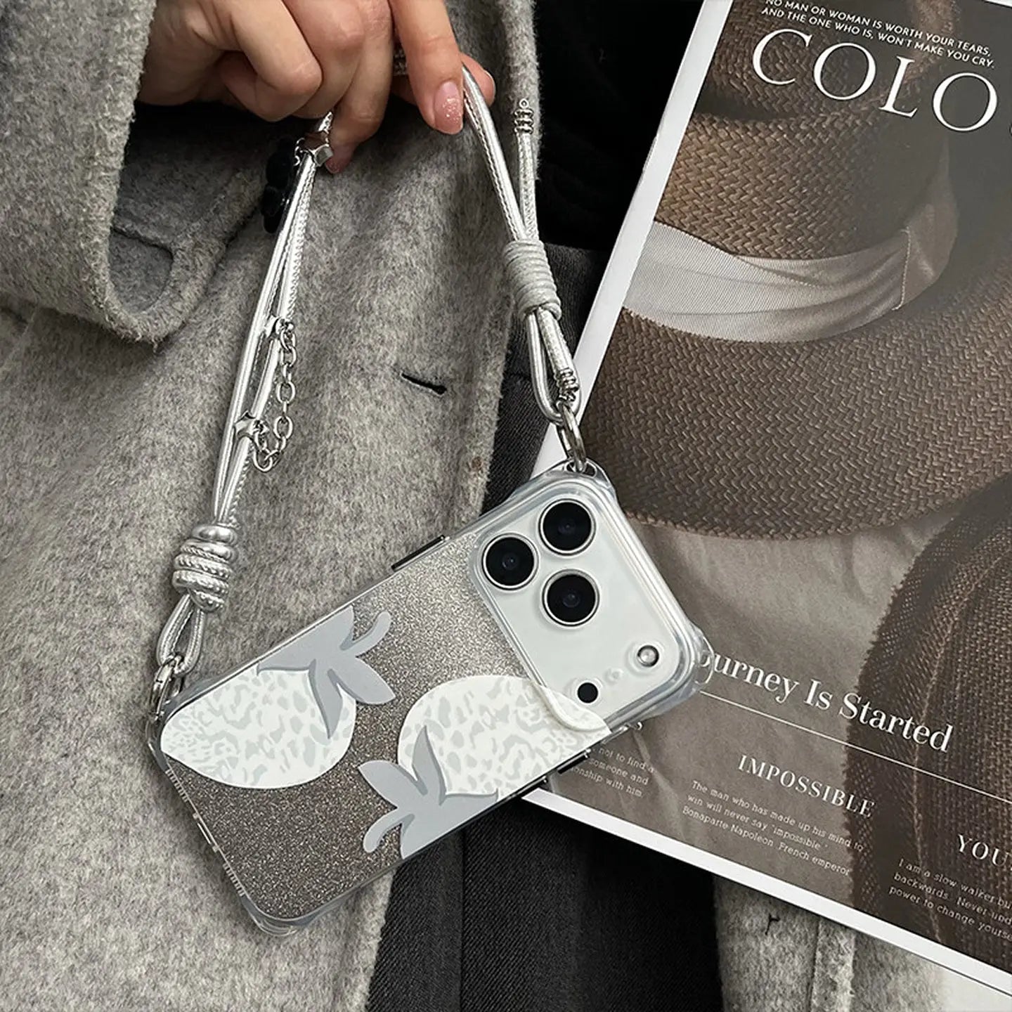 Transparent Gray Strawberry iPhone Case with Silver Leather Strap SEACASE