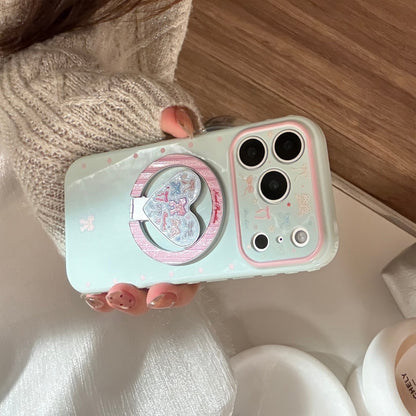 Ice Blue Polka Dot & Bow MagSafe iPhone Case with Heart Stand