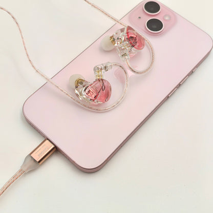 Cherry Pink Clear Shell Wired IEM Earphones with Mic, Optional Lightning / Type-C / USB Audio Adapters for iPhone Android PC Gaming Streaming