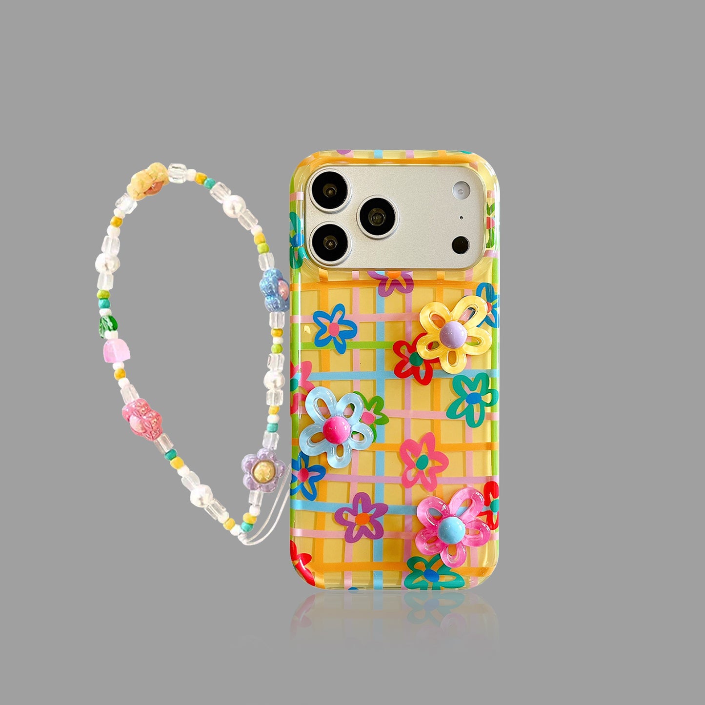 Dopamine 3d flower plaid iphone case with beaded chain