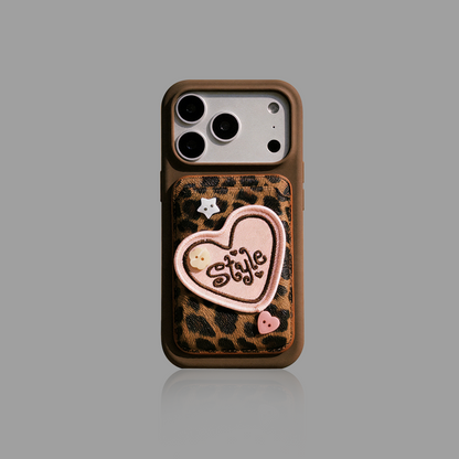Cute Leopard Print Magsafe Card Case with Embroidered Heart Patch