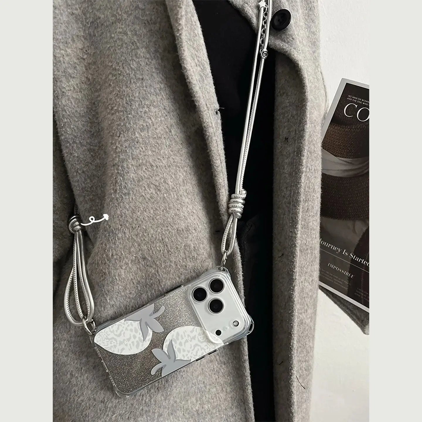 Transparent Gray Strawberry iPhone Case with Silver Leather Strap SEACASE