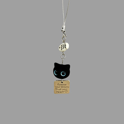 かわいいフロッキー加工の黒猫キーホルダー、スマホチャーム、バッグペンダント