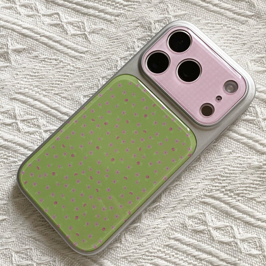 緑とピンクの水玉模様iPhoneケース、メッキアクリルカバー