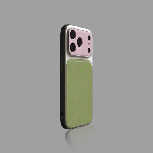 緑とピンクの水玉模様iPhoneケース、メッキアクリルカバー