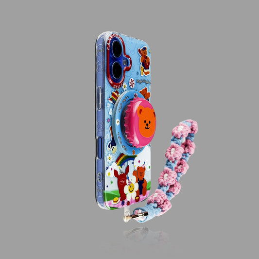 iPhone Cartoon Rainbow Bear Case with MagSafe Bear Stand & Blue-Pink Braided Rope