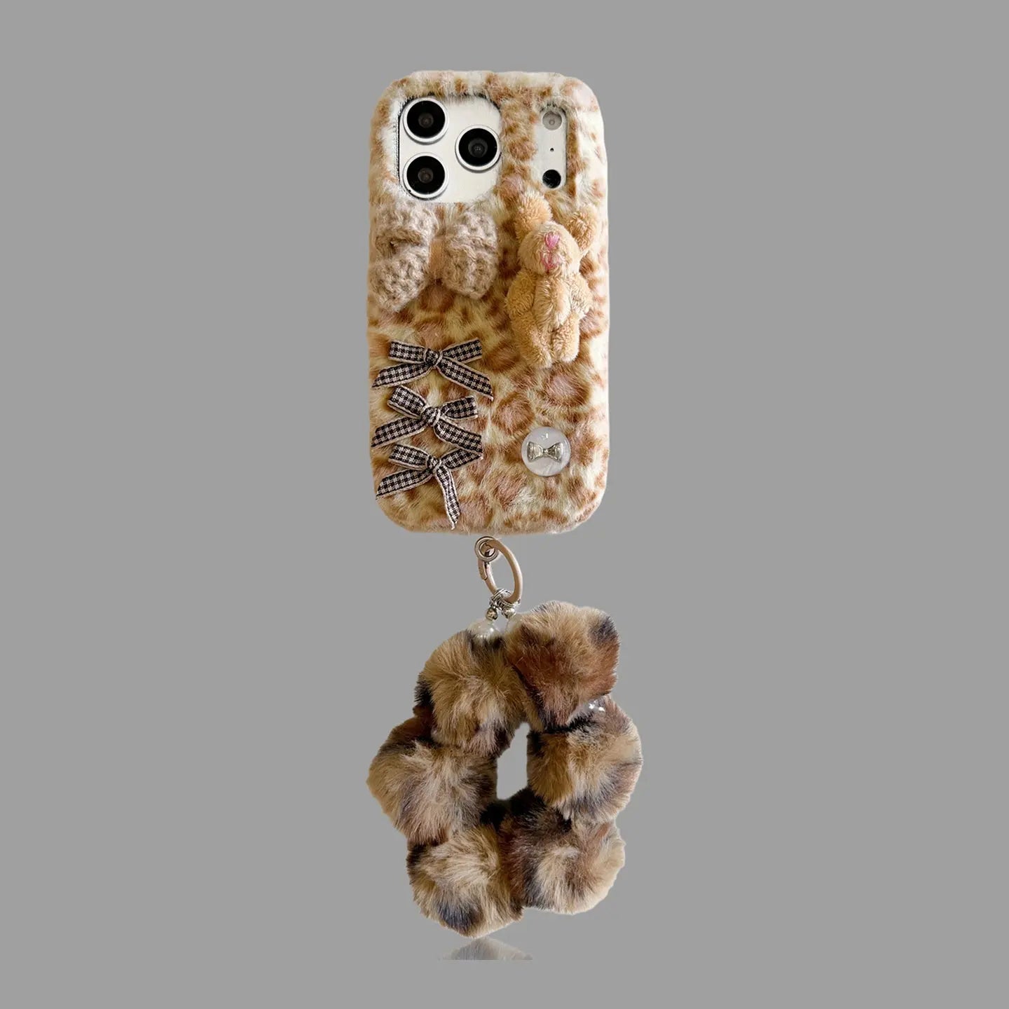 Cute Leopard Plush Phone Case – Teddy/Bunny & Bow Design SEACASE