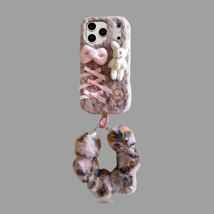 Cute Leopard Plush Phone Case – Teddy/Bunny & Bow Design SEACASE