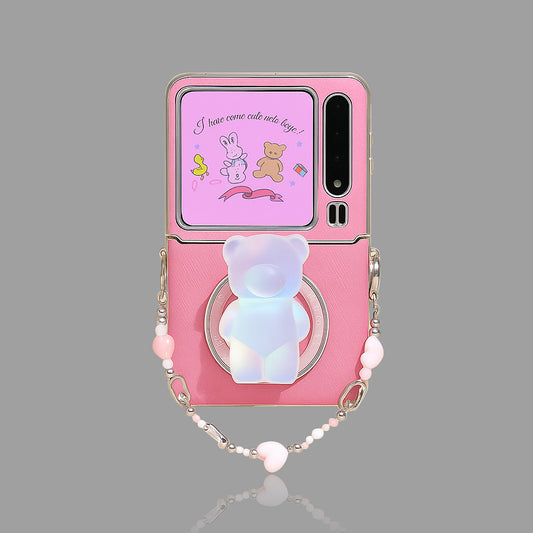 Pink Leather-Texture Gel Bear Magnetic Stand with Heart Chain for Galaxy Z Flip