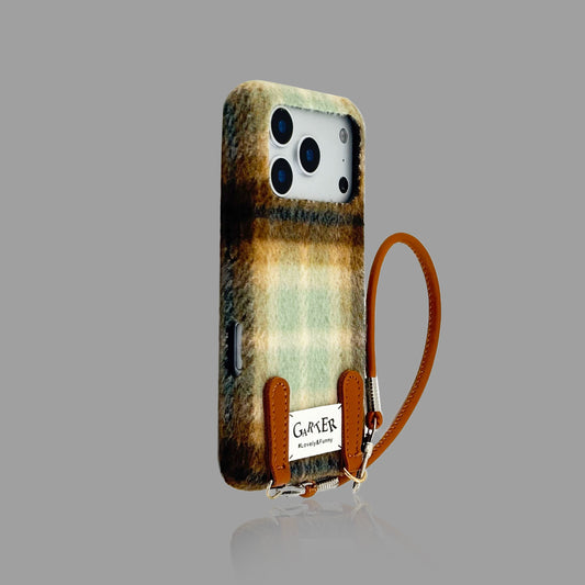 Retro Plaid Plush iPhone Case with Matching Wrist Strap