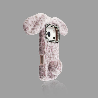 Leopard Plush Bunny Ear iPhone Case – Rhinestone Camera Frame